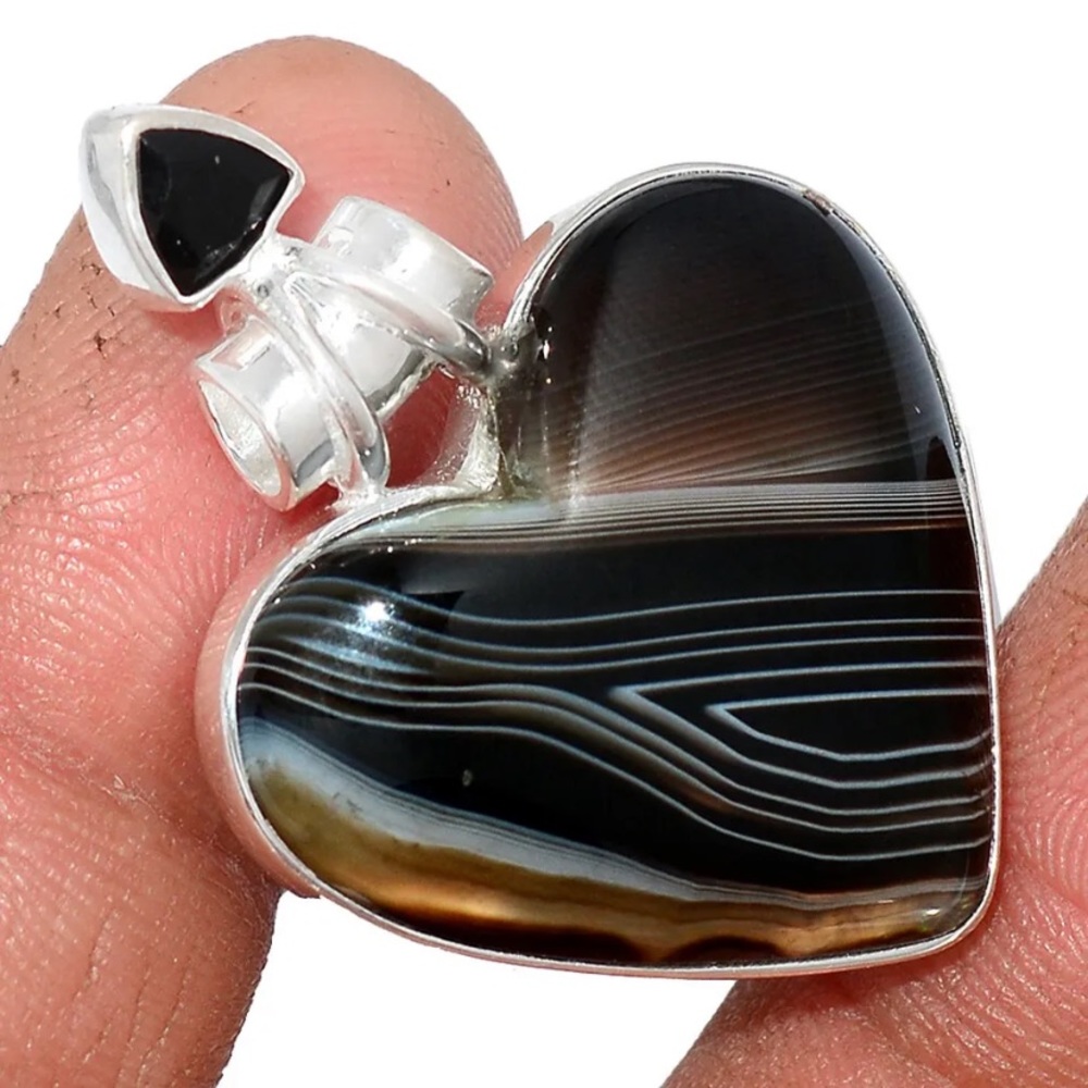 925 Sterling Silver Black Botswana Agate Heart Pendant Faceted Onyx Pendant